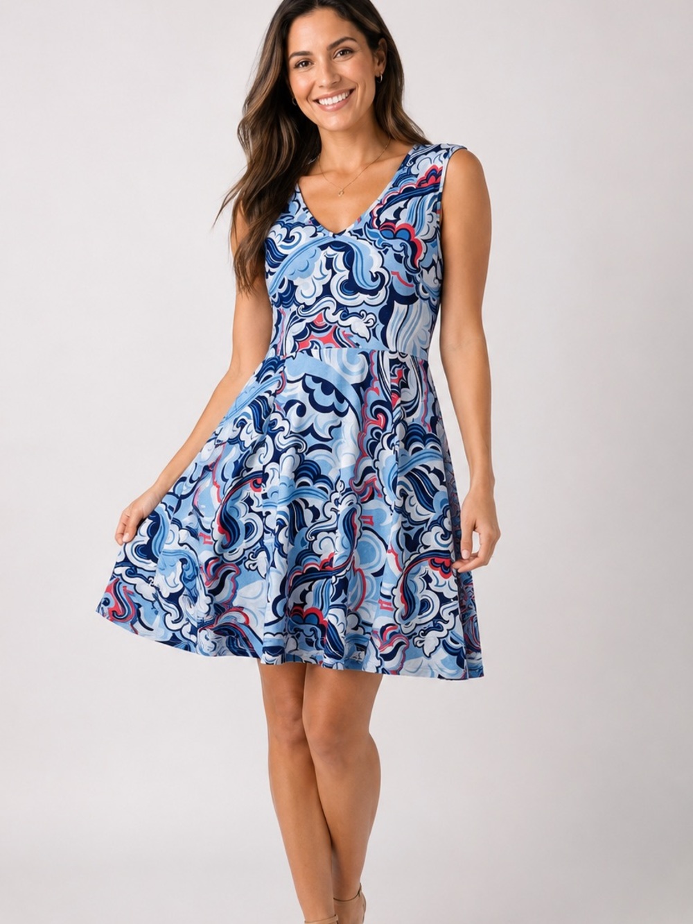 Krimson Klover Blue Red Wave Swirl Sleeveless Fit & Flare Active Travel Dress M
